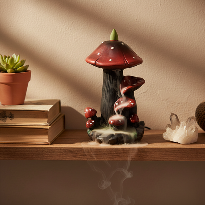 Mushroom backflow incense burner on a meditation altar shelf with books, plant, and crystal cluster