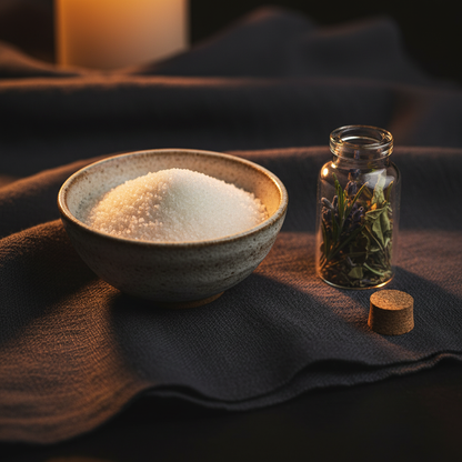 Ceramic bowl of saltpeter powder next to an open glass spell jar filled with herbs on dark linen with warm candlelight