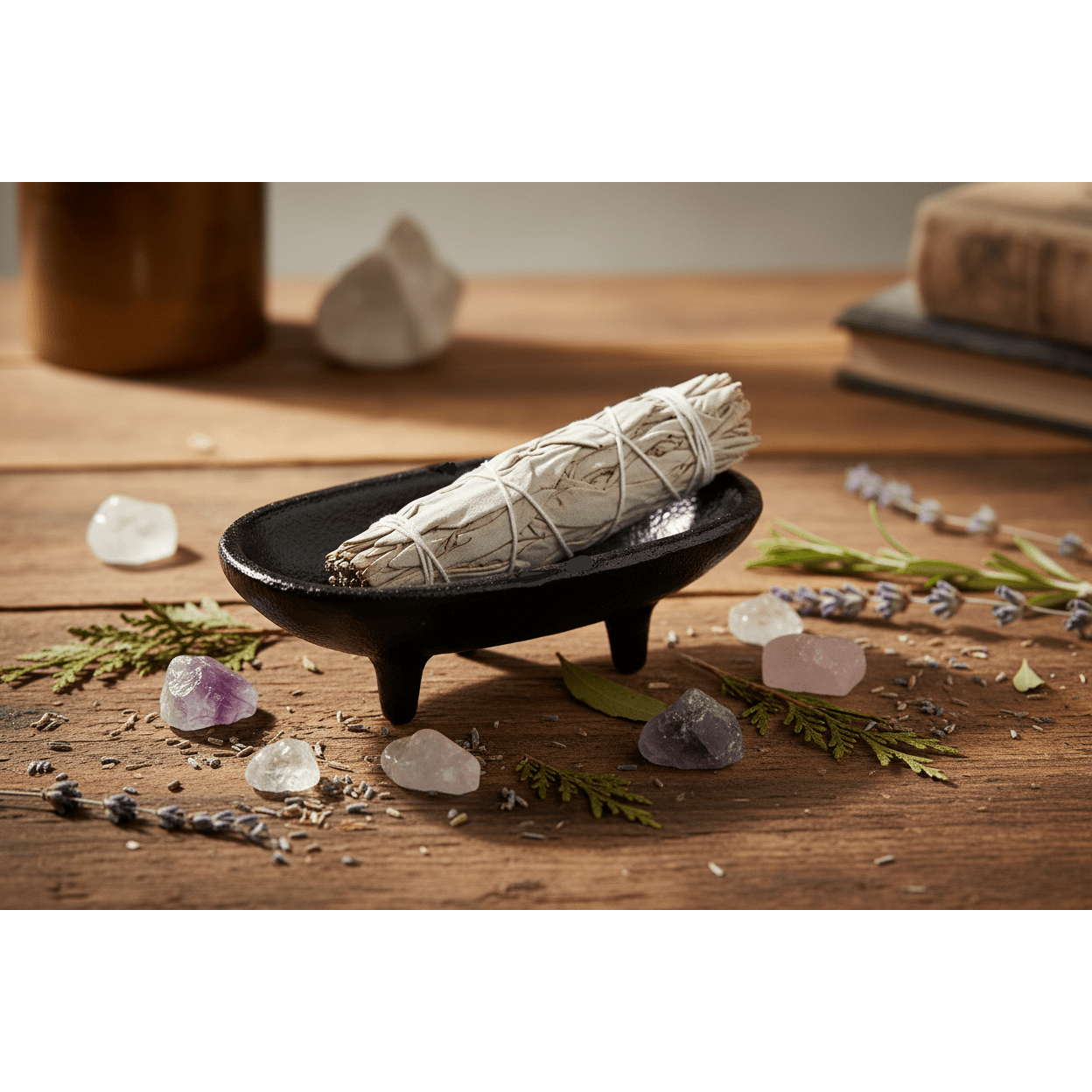 Iron Smudge Incense Burner on rustic wooden surface with crystals and dried herbs