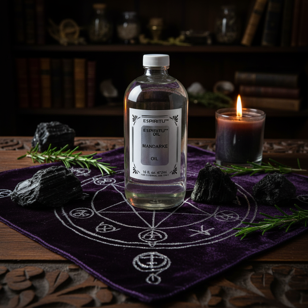 Mandrake Oil bottle on velvet cloth altar with protection sigil, black tourmaline, rosemary, and glowing candle