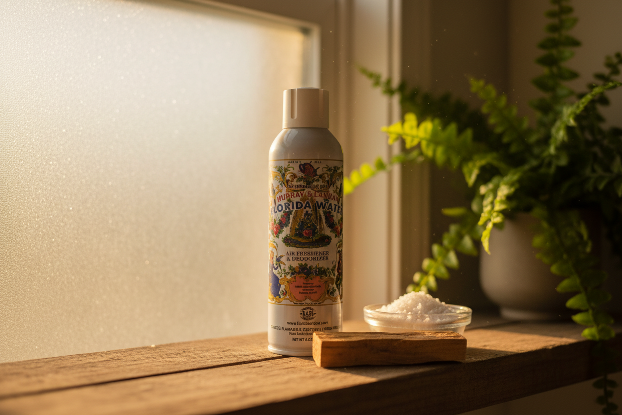 Florida Water Spray 8oz on wooden bathroom shelf with palo santo and sea salt in golden hour light