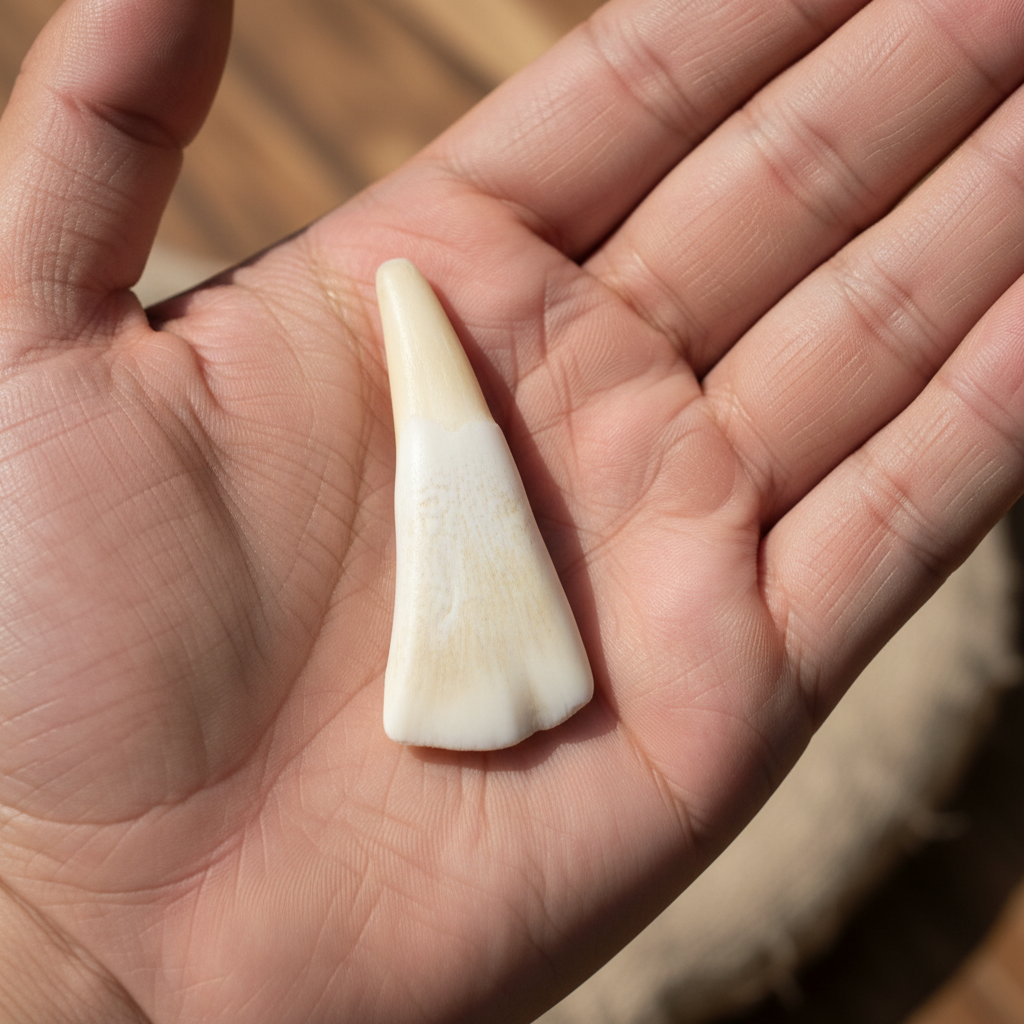 Water buffalo tooth held in open palm showing natural scale