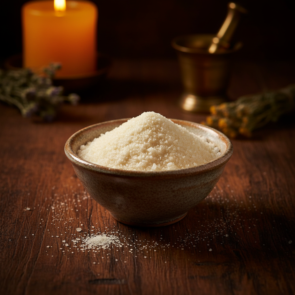 Ceramic bowl of saltpeter powder on a dark wooden surface with warm amber candlelight