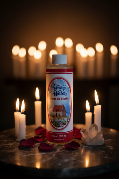 8 oz Glory Water bottle on a dark marble altar with white taper candles, rose petals, and crystal cluster