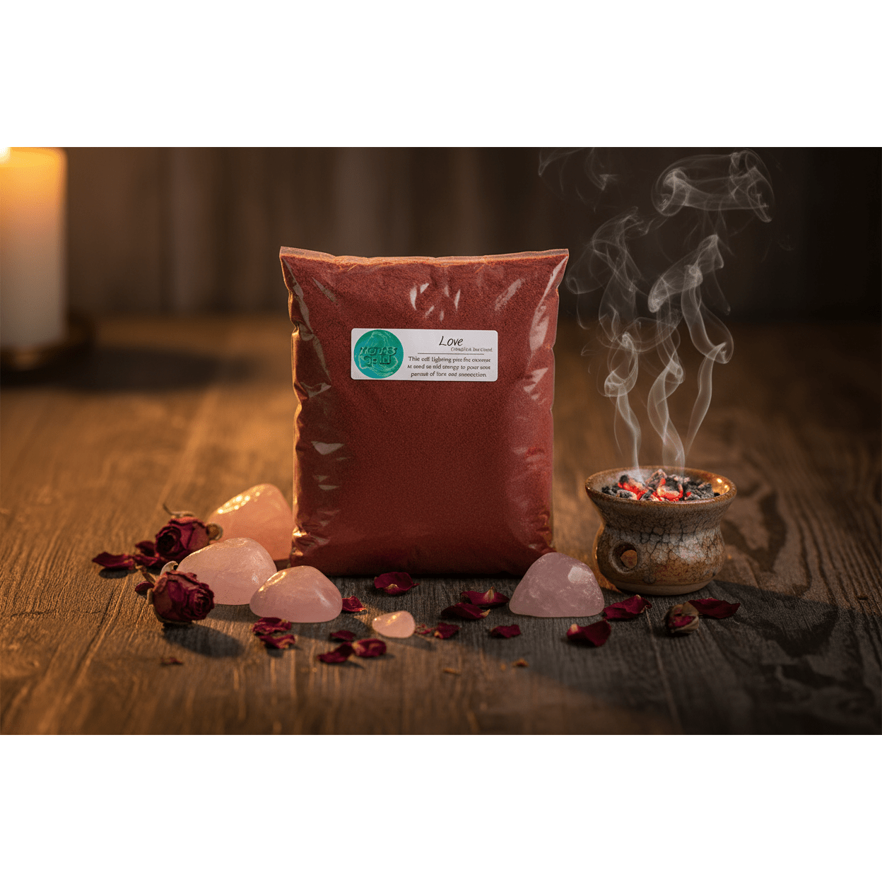 Love Powder Incense 1 lb bag styled with rose quartz crystals, dried rose petals, and a glowing burn bowl in warm candlelight