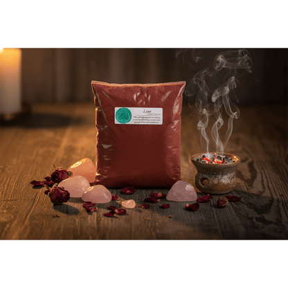 Love Powder Incense 1 lb bag styled with rose quartz crystals, dried rose petals, and a glowing burn bowl in warm candlelight