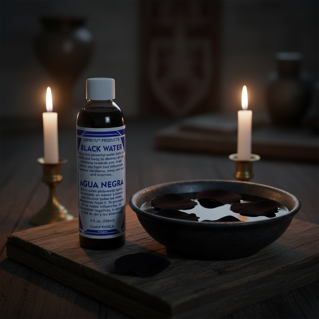 Black Water 8 oz bottle beside ceramic bowl with black rose petals on dark wooden altar with candlelight