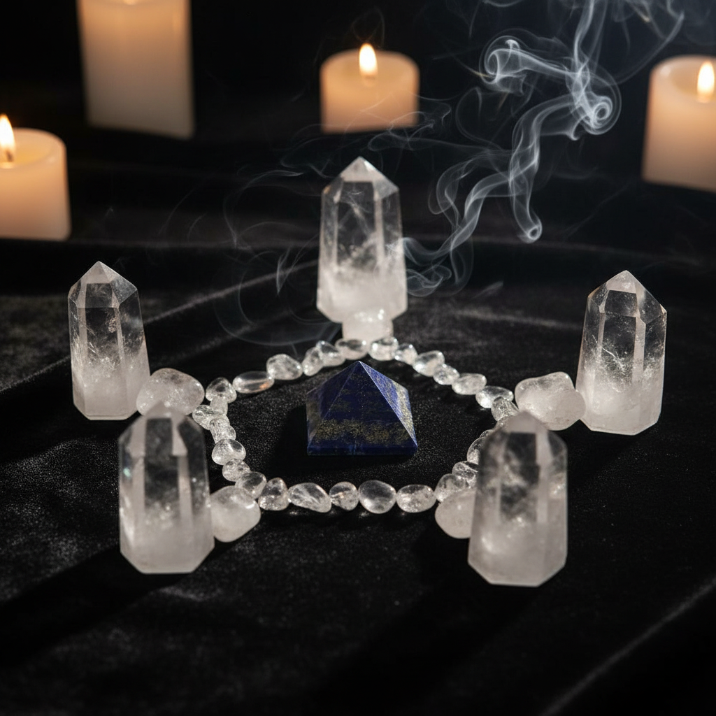 Lapis lazuli crystal pyramid, 1 inch wide, at center of crystal grid on dark velvet with quartz points