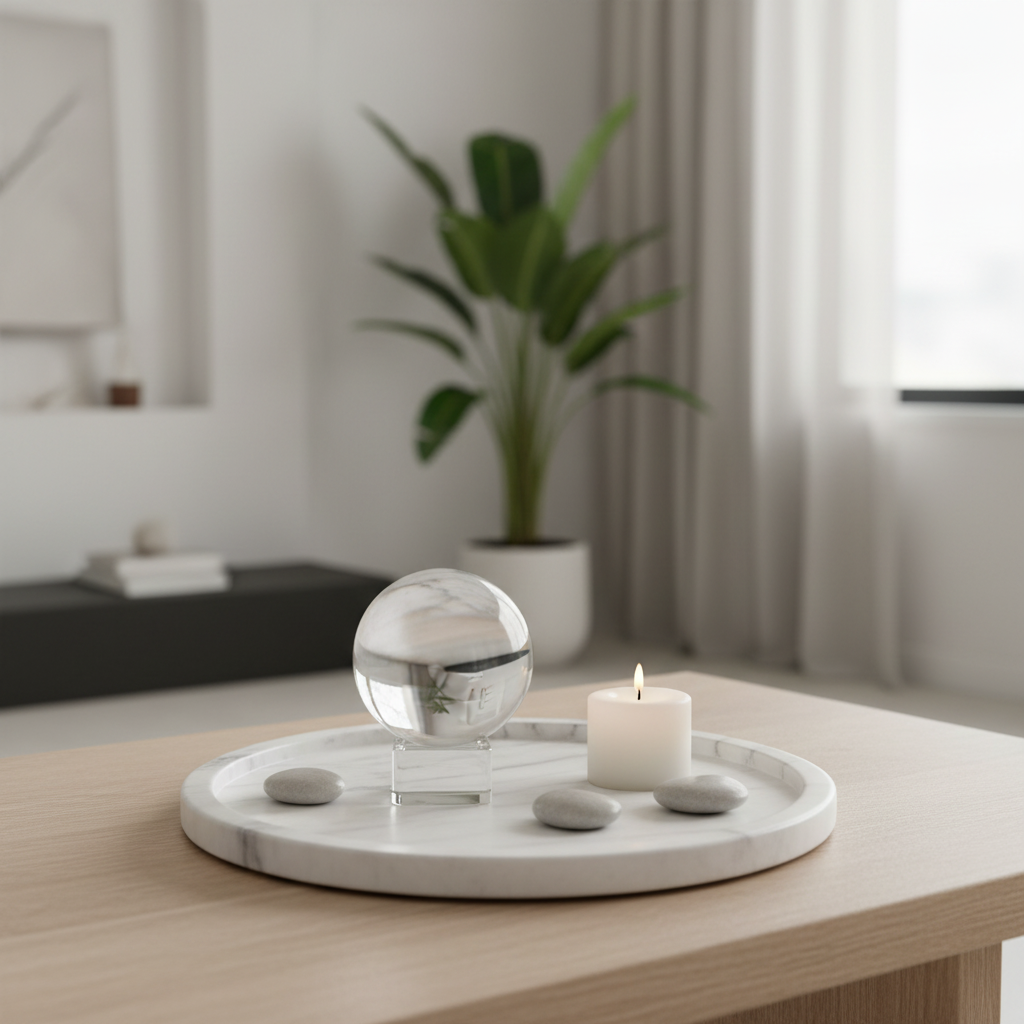 Clear quartz gazing ball on a marble tray with a small candle and river stones