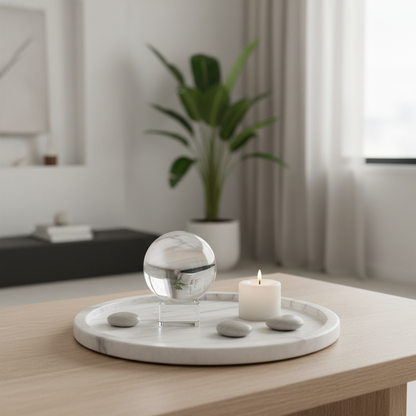 Clear quartz gazing ball on a marble tray with a small candle and river stones