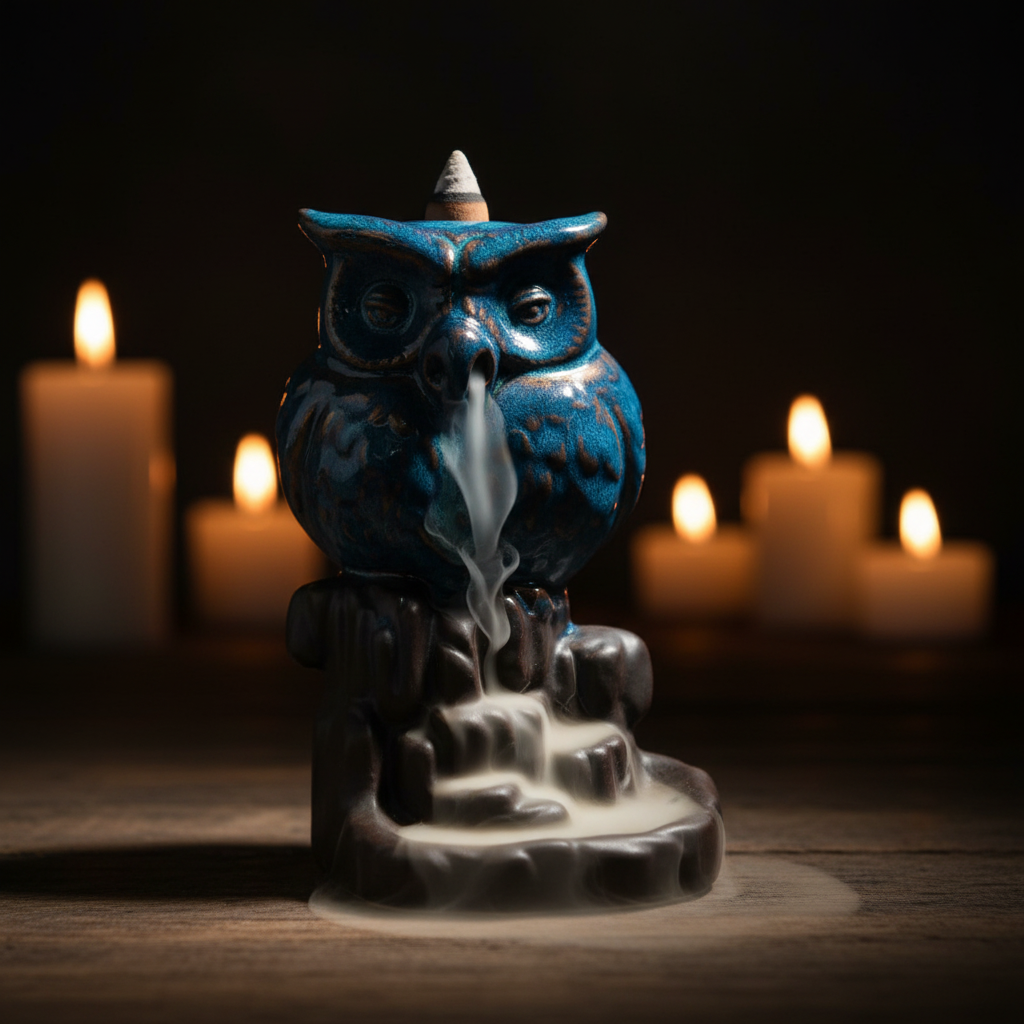 Close-up of 5-inch owl backflow incense burner with smoke cascading downward