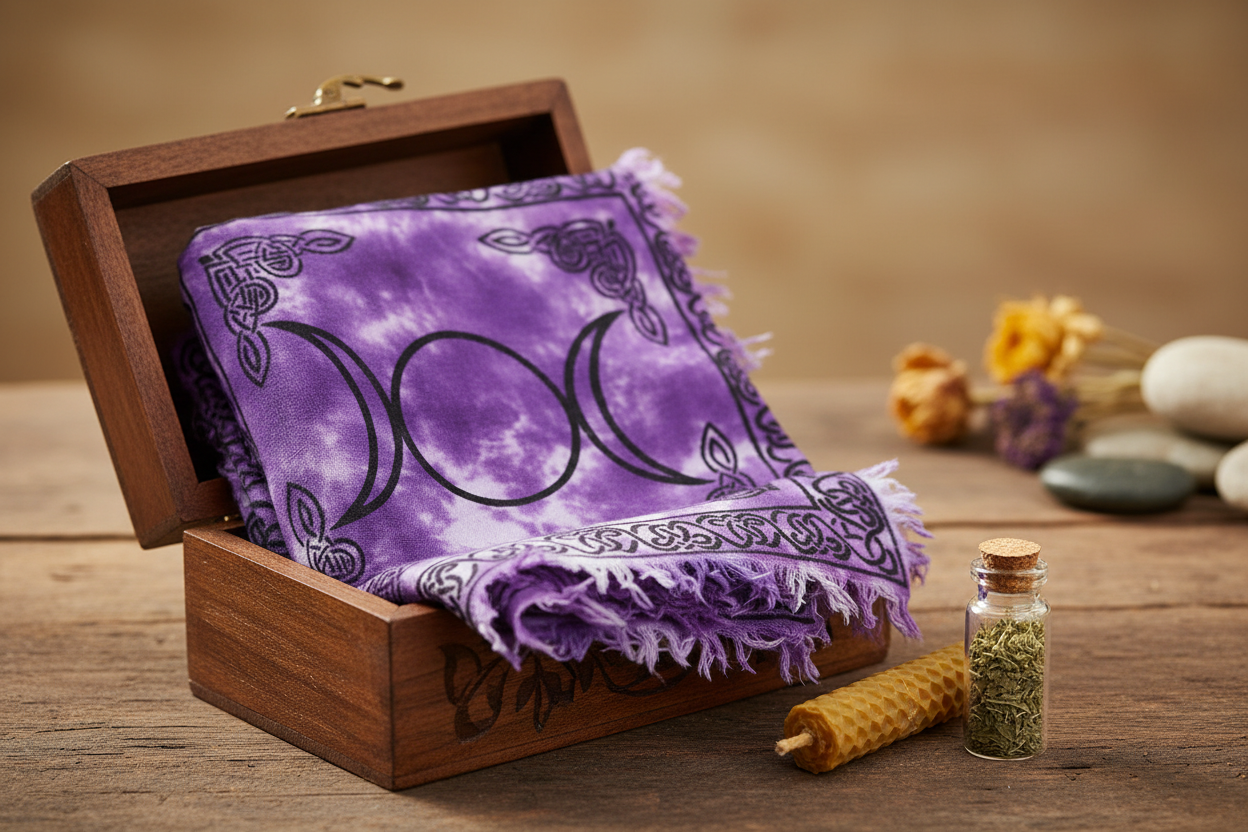 Triple Moon Altar Cloth folded compactly in a travel bag alongside a beeswax candle and herb vial