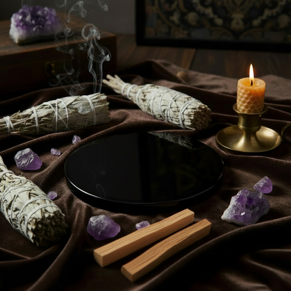 6-inch black obsidian scrying mirror on dark velvet cloth surrounded by white sage, amethyst crystals, and a lit candle