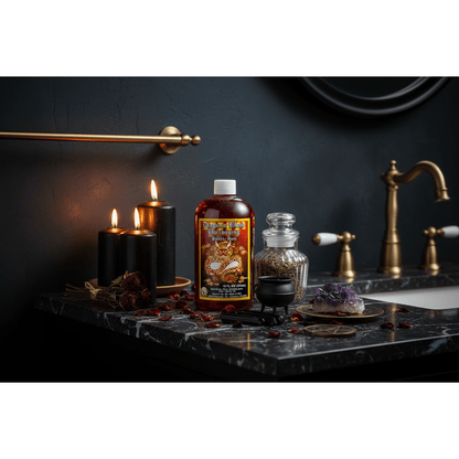 Dragon's Blood Bath 16oz bottle on a dark marble bathroom countertop surrounded by black candles, crystals, dried herbs, and witchy apothecary items