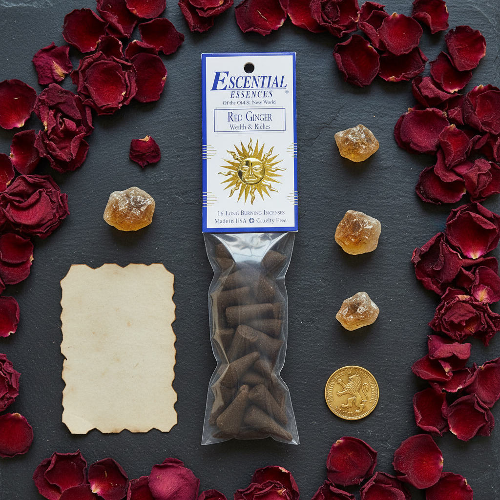 Red Ginger Incense Cones by Escential Essences flat lay with rose petals, citrine crystals, gold coin, and parchment on dark slate