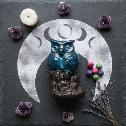 Overhead flat lay of owl backflow burner with crystals, candle, and lavender on dark slate