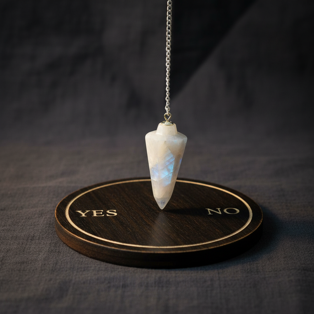 Rainbow moonstone pendulum suspended mid-swing over a yes/no pendulum board on dark linen