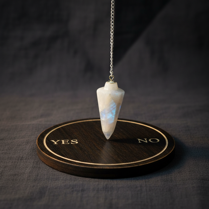 Rainbow moonstone pendulum suspended mid-swing over a yes/no pendulum board on dark linen