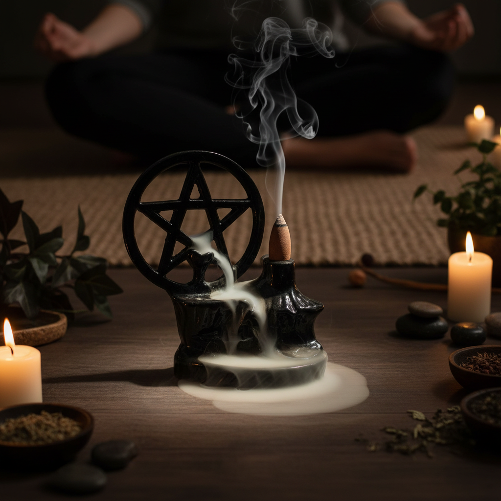 Pentagram backflow incense burner in a meditation space with smoke cascade and warm candlelight
