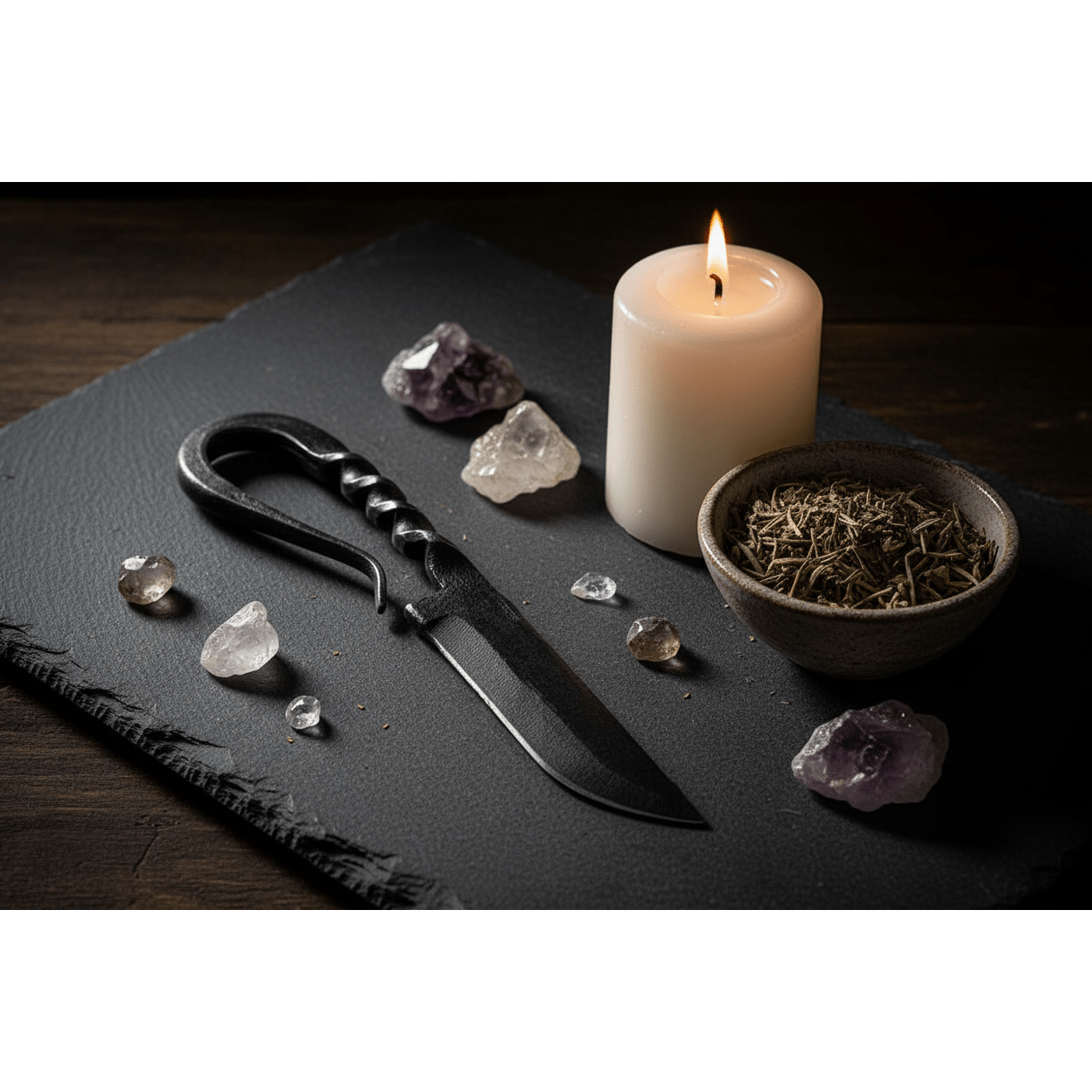 Medieval Boline on dark slate altar with white pillar candle, dried herbs, and crystals