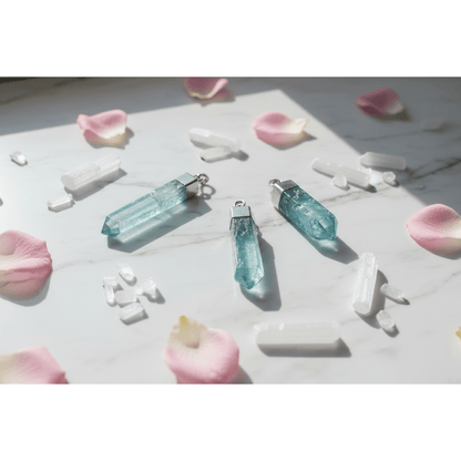 Aqua Aura Quartz Pendants with varied natural crystal shapes on white marble with selenite and rose petals