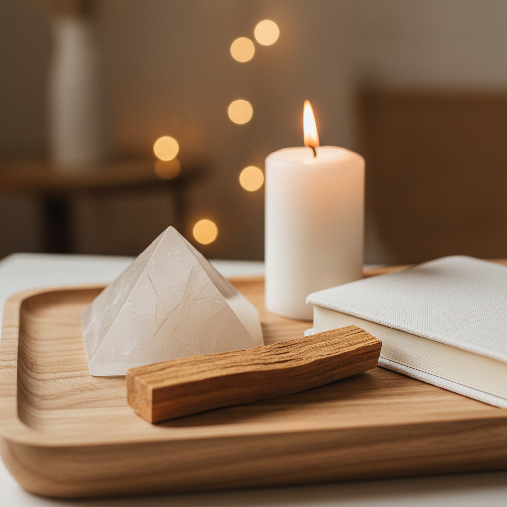 Faden Quartz Pyramid 70mm on a wooden meditation tray with palo santo stick, candle, and journal