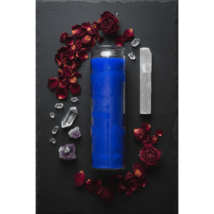 Flat lay of blue 7-day jar candle on dark slate with dried rose petals, selenite wand, and crystals