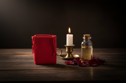 Small red velveteen drawstring mojo bag on a dark wooden altar table beside a short 4-inch white taper candle and glass oil bottle with rose petals