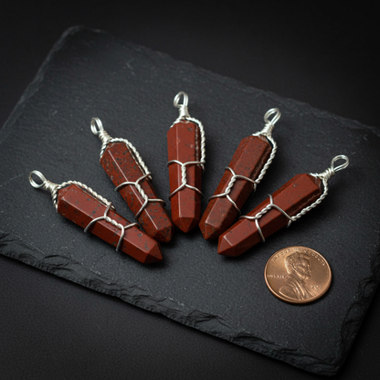 Red Jasper Wire Wrapped Point Crystal Pendant, Set of 5