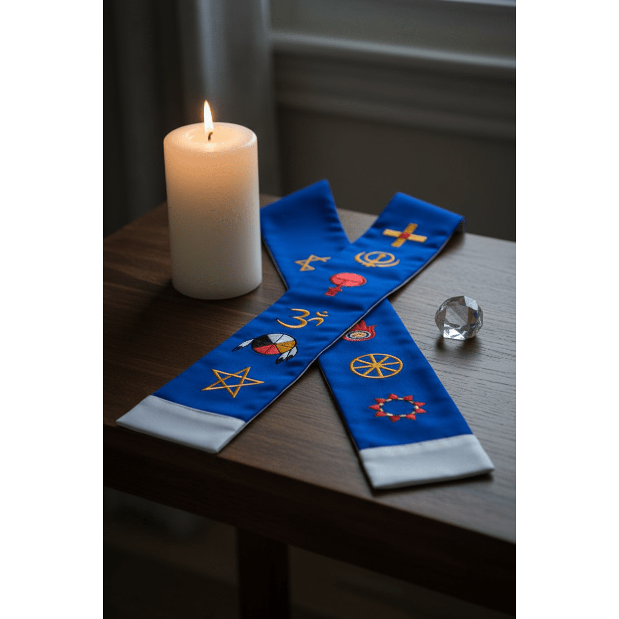 Blue and white interfaith minister's stole folded on a dark wooden altar with a candle and crystal