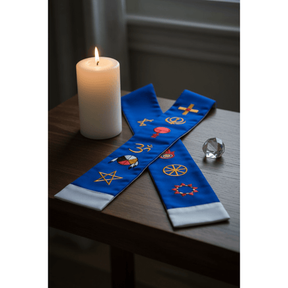 Blue and white interfaith minister's stole folded on a dark wooden altar with a candle and crystal