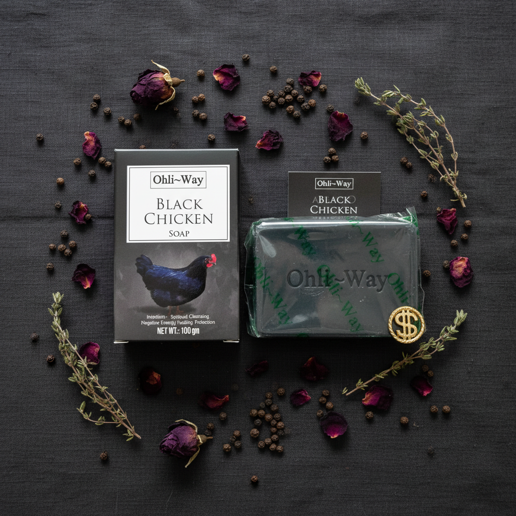 Ohli-Way Black Chicken Soap box, wrapped bar, insert card, and gold coin charm in overhead flat lay on dark linen with rose petals and herbs