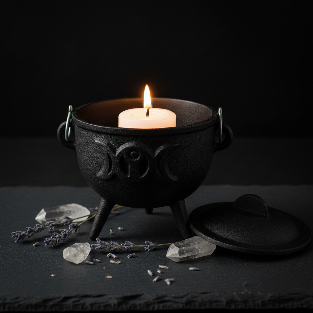 4.5-inch Triple Moon cast iron cauldron with a small white candle glowing inside, surrounded by clear quartz crystals and dried lavender on a dark slate surface