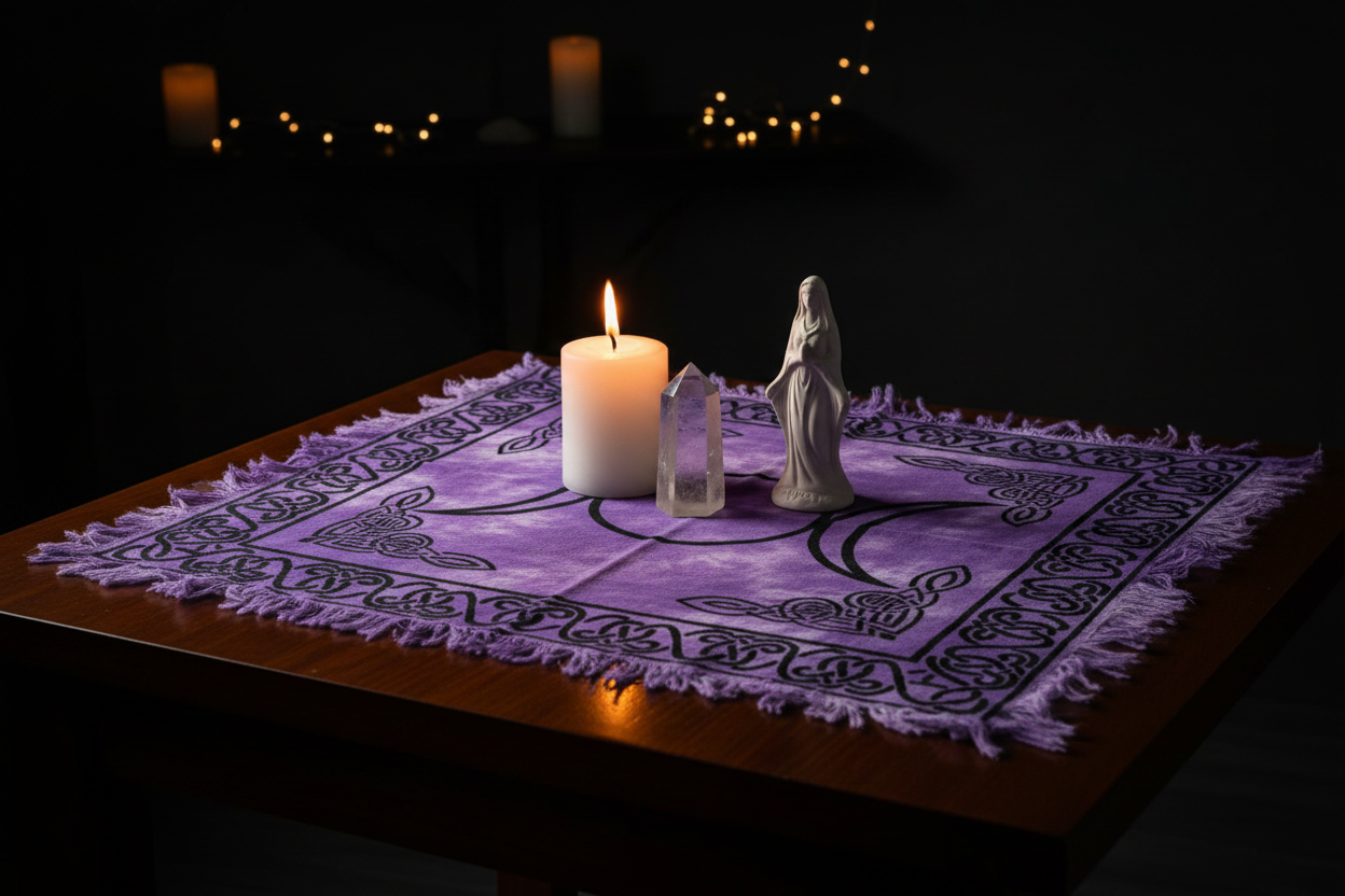 Triple Moon Altar Cloth laid flat on a dark wooden altar table with a white pillar candle, quartz crystal, and goddess figurine in candlelight
