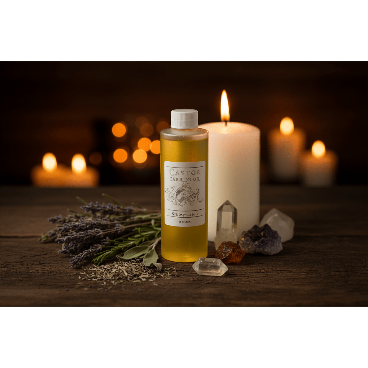 Castor Carrier Oil 8oz bottle on a dark wooden altar with dried herbs, white pillar candle, and crystals in candlelit atmosphere