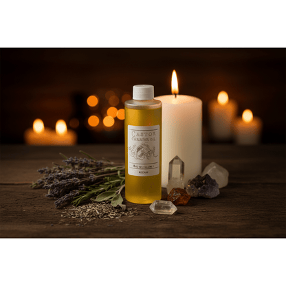 Castor Carrier Oil 8oz bottle on a dark wooden altar with dried herbs, white pillar candle, and crystals in candlelit atmosphere