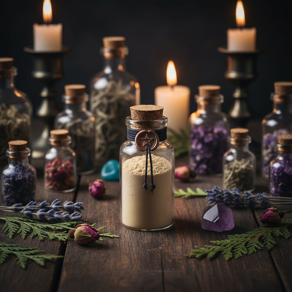 Corked glass spell bottle filled with yellow sandalwood powder among dried botanicals and crystals on a dark altar