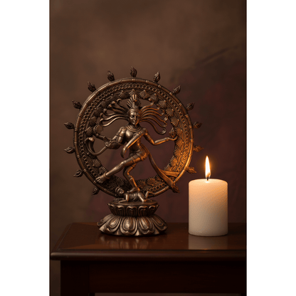 9-inch gold and bronze Shiva Nataraja statue on a dark wooden altar beside a lit white pillar candle in warm candlelight