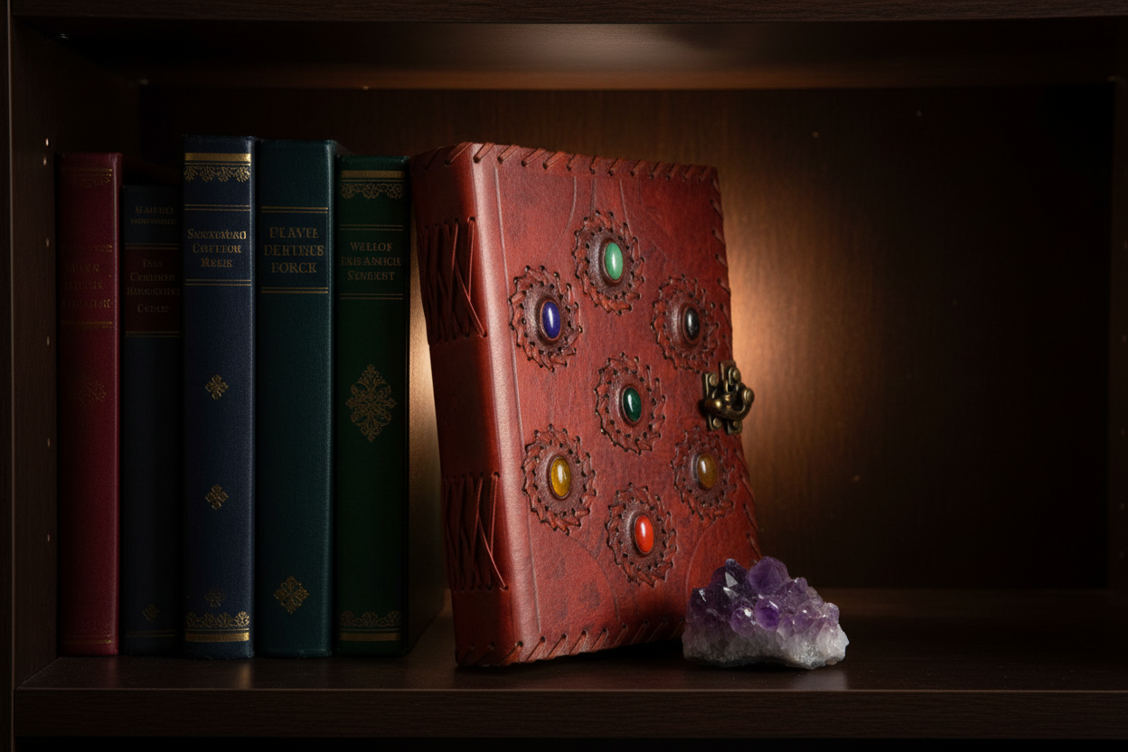 7 Chakra Leather Journal upright against stacked books with amethyst cluster on a dark moody bookshelf