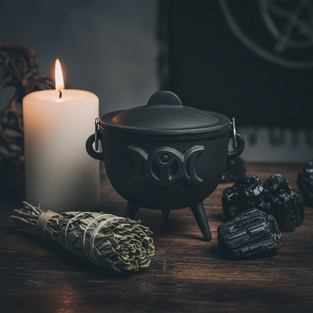 4.5-inch Triple Moon cast iron cauldron on a dark wooden altar with white candle, black tourmaline crystals, and dried sage in cool grey tones