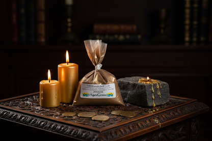 Gold Magnetic Sand 1 lb bag on dark wooden altar with lodestone, gold pillar candles, and scattered coins in warm candlelight