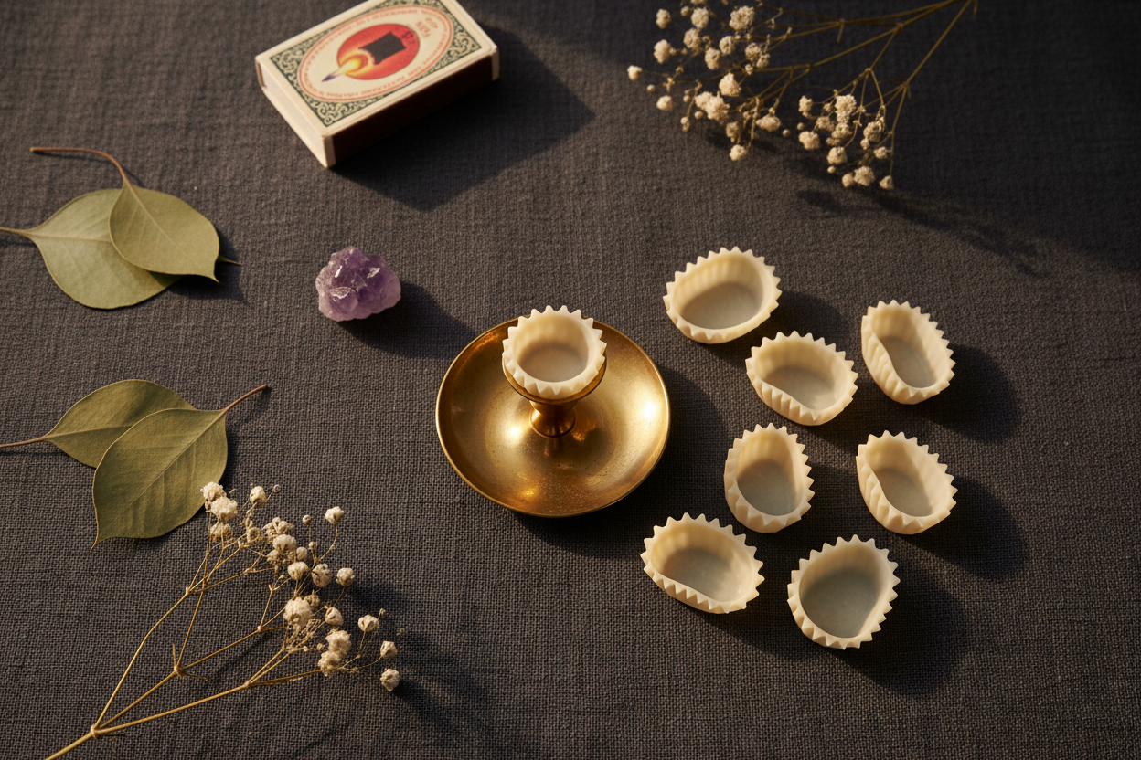 Flat-lay of votive peg adapter set of 10 with botanicals and crystals