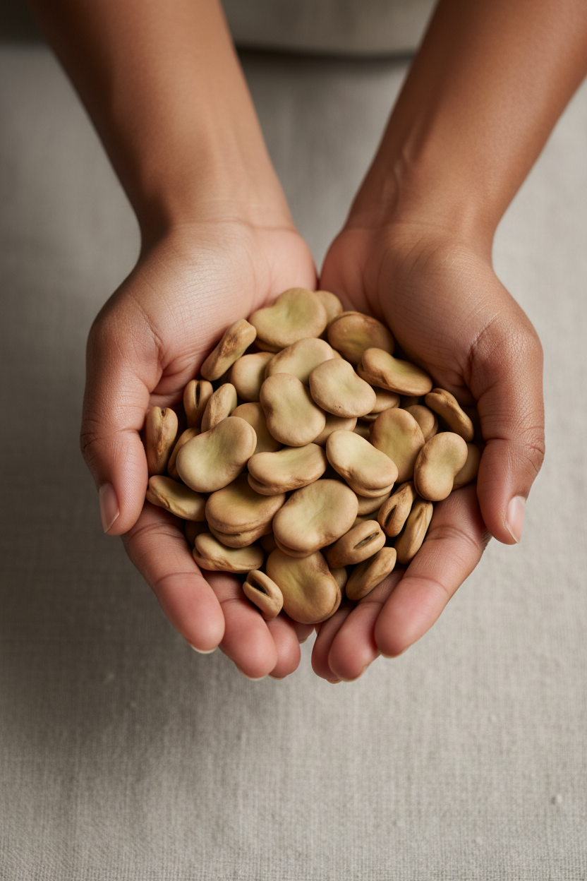Mixed-race woman with warm brown skin cupping dried fava beans in both hands, soft natural window light