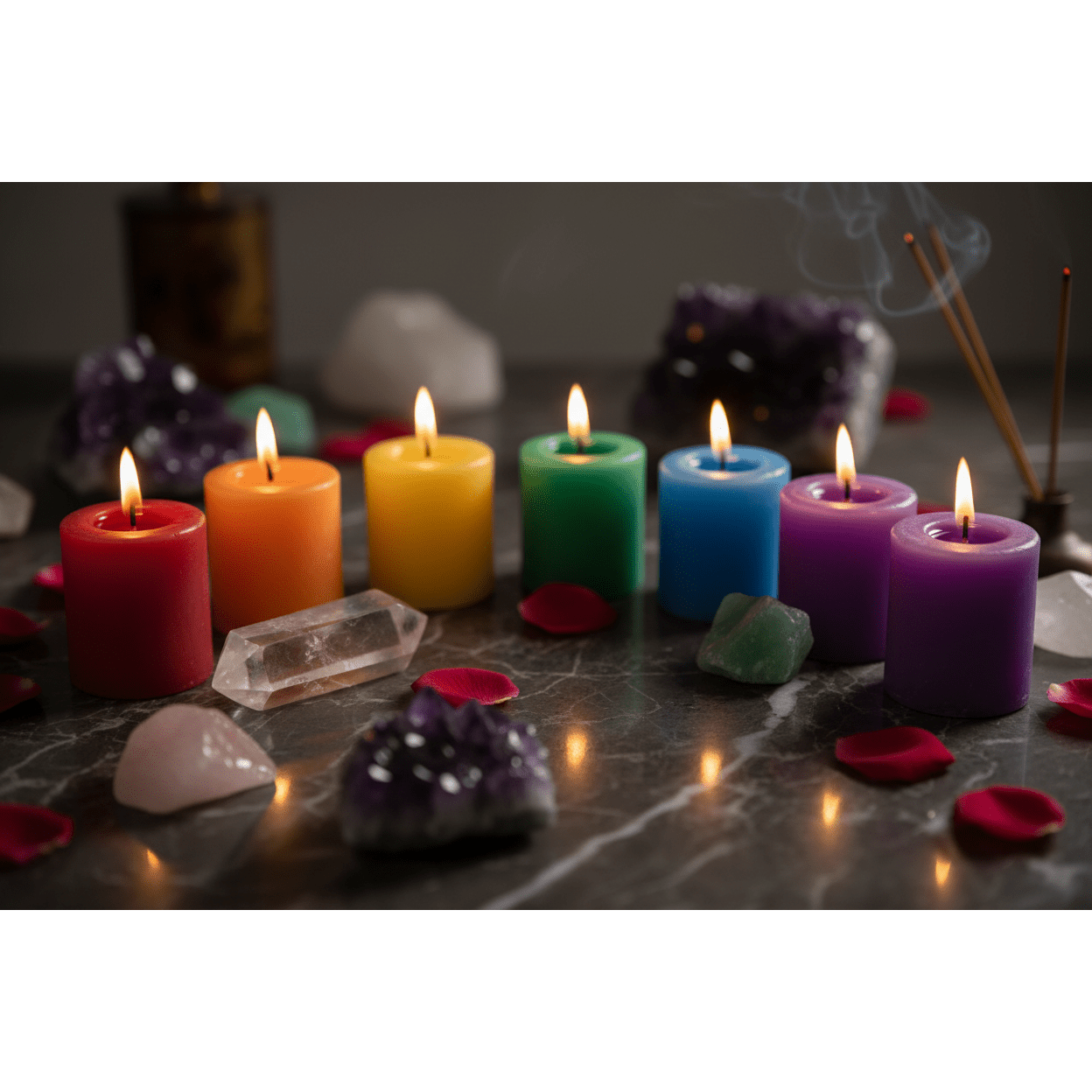 Chakra Votive Candle Set of 7 arranged in an arc on dark marble surface with raw crystals and rose petals