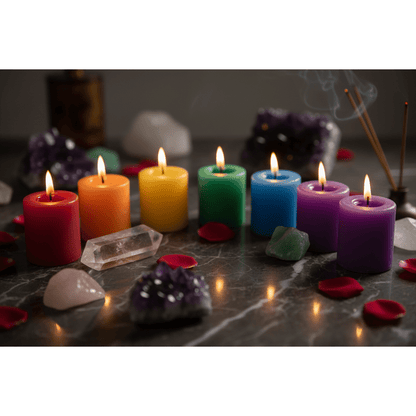 Chakra Votive Candle Set of 7 arranged in an arc on dark marble surface with raw crystals and rose petals