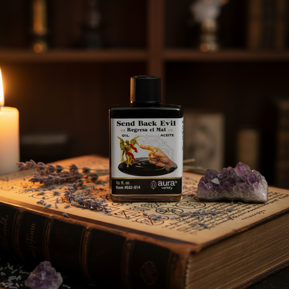 Send Back Evil Oil 4 dram bottle resting on an open grimoire with handwritten sigils, surrounded by dried lavender and an amethyst cluster in warm candlelight