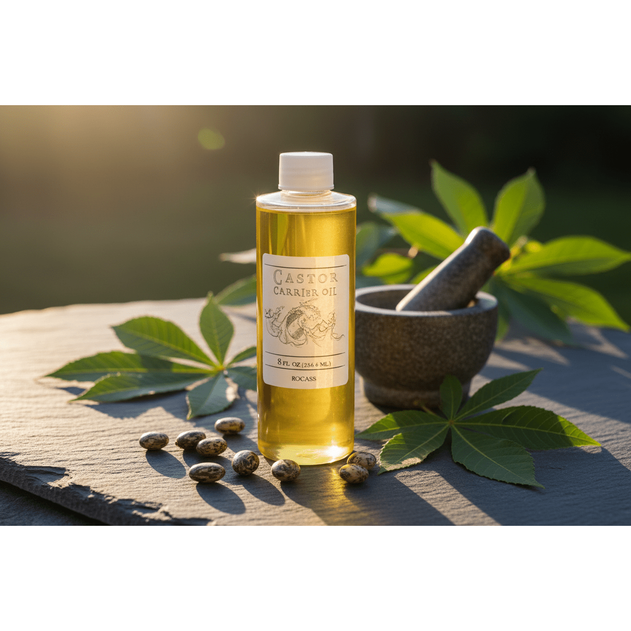 Castor Carrier Oil 8oz bottle on dark slate surface outdoors at golden hour with castor beans, green leaves, and mortar and pestle