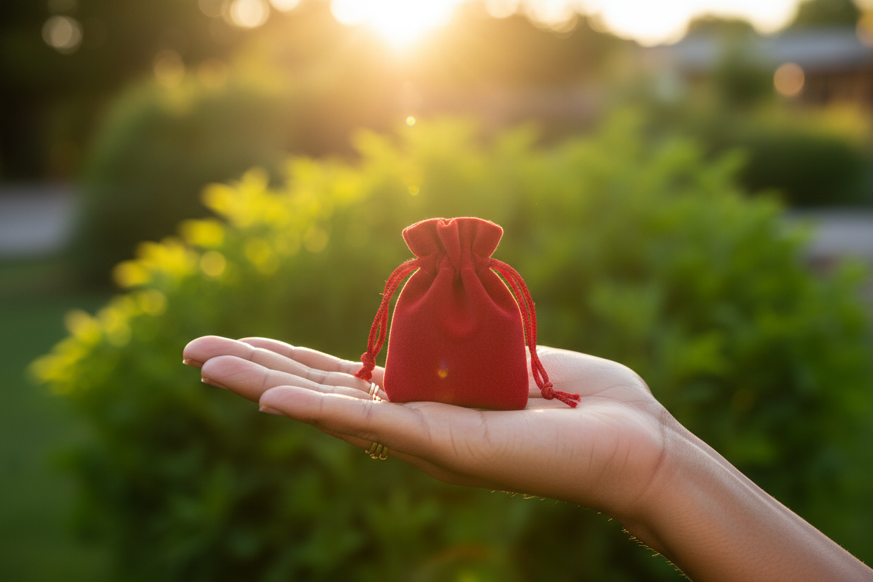 Small red velveteen drawstring mojo bag resting in the palm of a mixed-race woman's hand, golden hour garden background