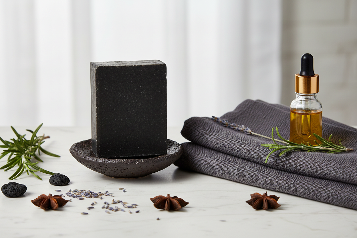 Ohli-Way Black Chicken Soap bar on a dark ceramic dish beside linen and botanicals on a marble countertop
