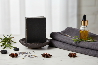 Ohli-Way Black Chicken Soap bar on a dark ceramic dish beside linen and botanicals on a marble countertop
